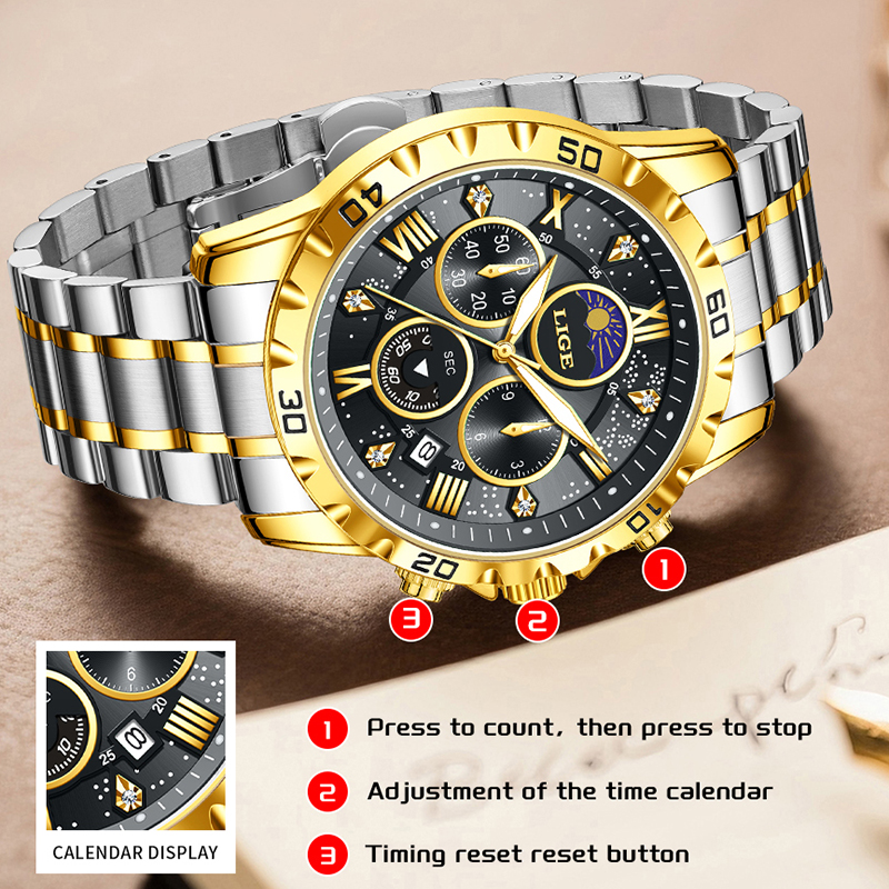LIGE Top Brand Luxury Quartz M - مراجعة Luxury Watch Moon Phase وسعره