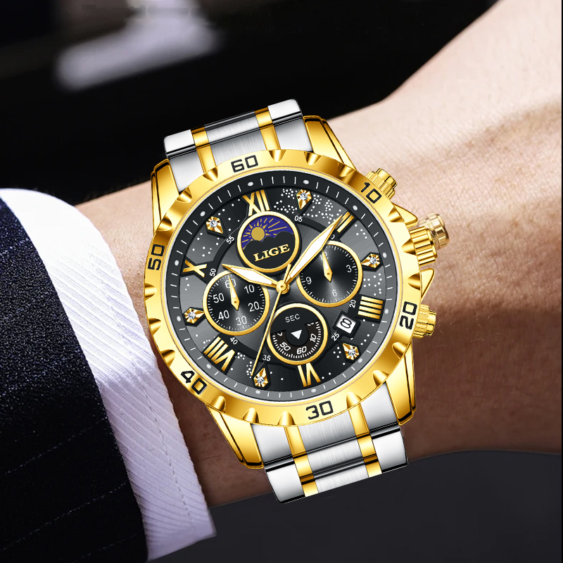 LIGE Top Brand Luxury Quartz M - مراجعة Luxury Watch Moon Phase وسعره