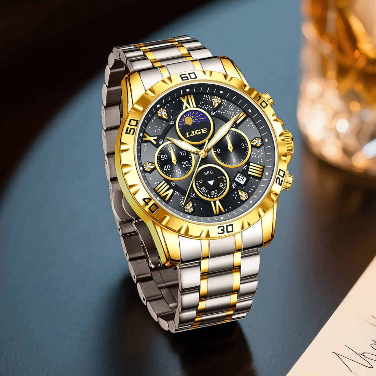 LIGE Top Brand Luxury Quartz M - مراجعة Luxury Watch Moon Phase وسعره