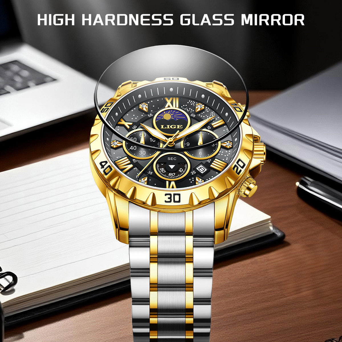 LIGE Top Brand Luxury Quartz M - مراجعة Luxury Watch Moon Phase وسعره